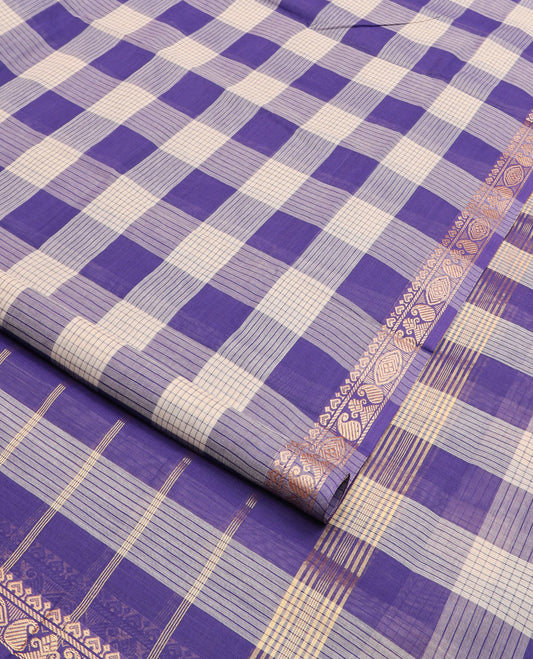 Multi-color checked nine-yard cotton saree,  traditional motifs woven border, and striped pallu