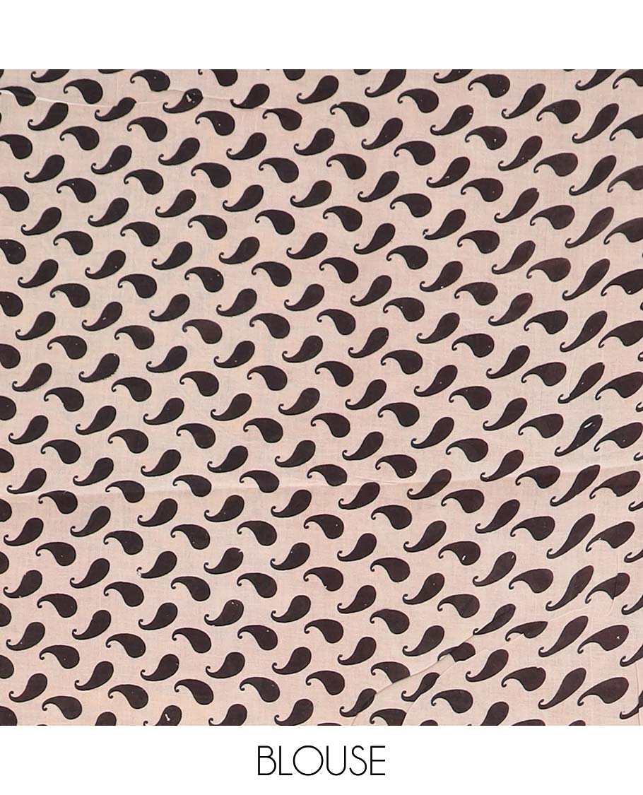 Black floral vine machine printed kalamkari cotton saree, contrast peacock border, and pallu of peacocks print