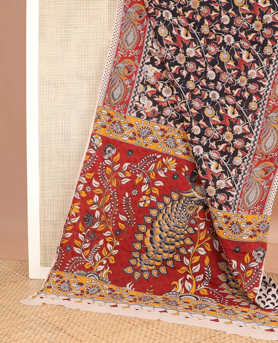 Black floral vine machine printed kalamkari cotton saree, contrast peacock border, and pallu of peacocks print