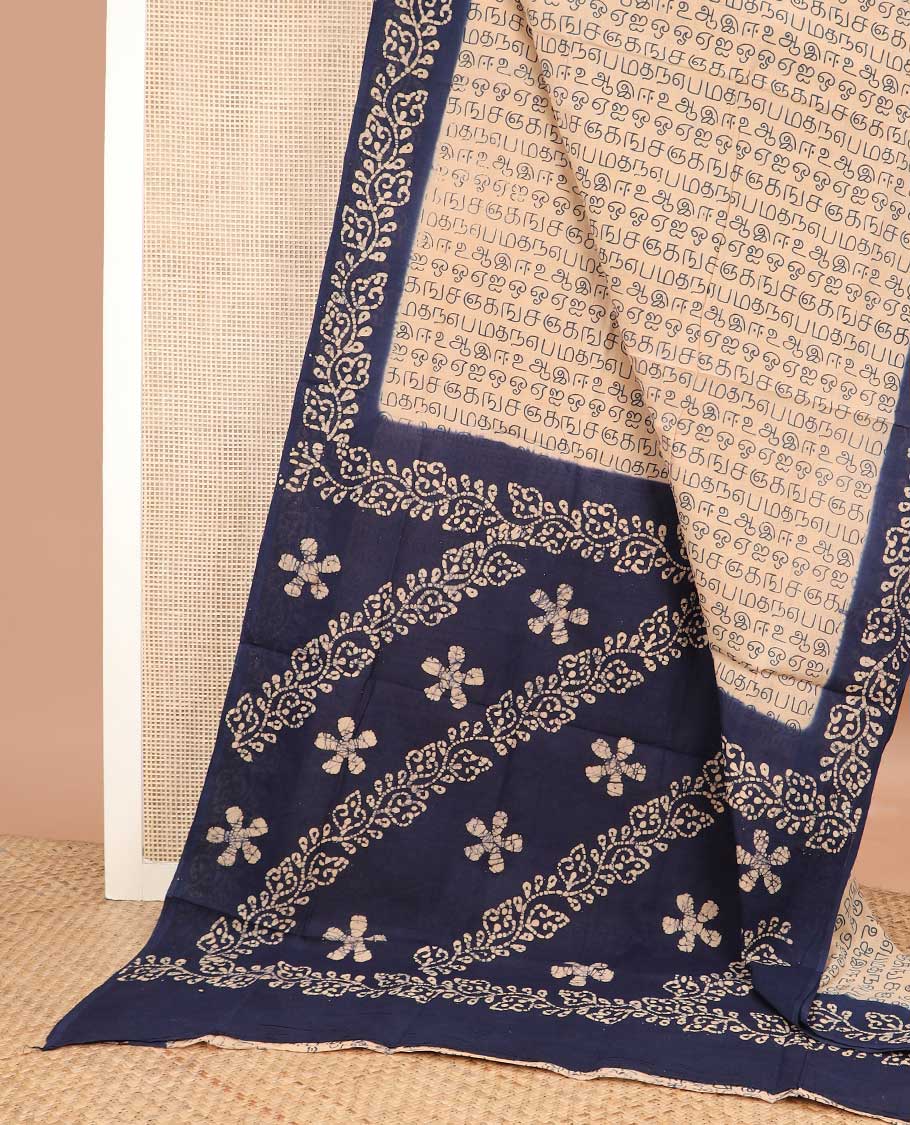 Sandal Tamil letters printed sungudi cotton saree, contrast batik printed border, and batik printed pallu
