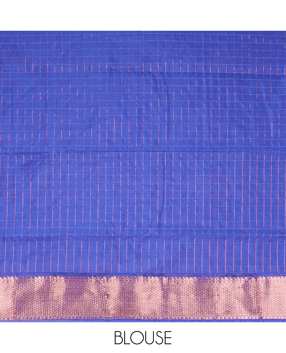 Blue micro checked chirala cotton saree, contrast traditional zari border, and zari design pallu