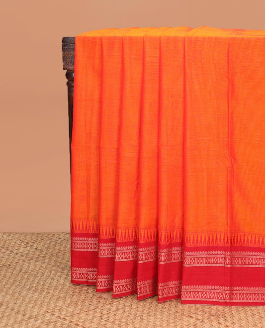 Orange plain Narayanapet cotton saree, contrast traditional thread rettai pettu temple border, and striped pallu