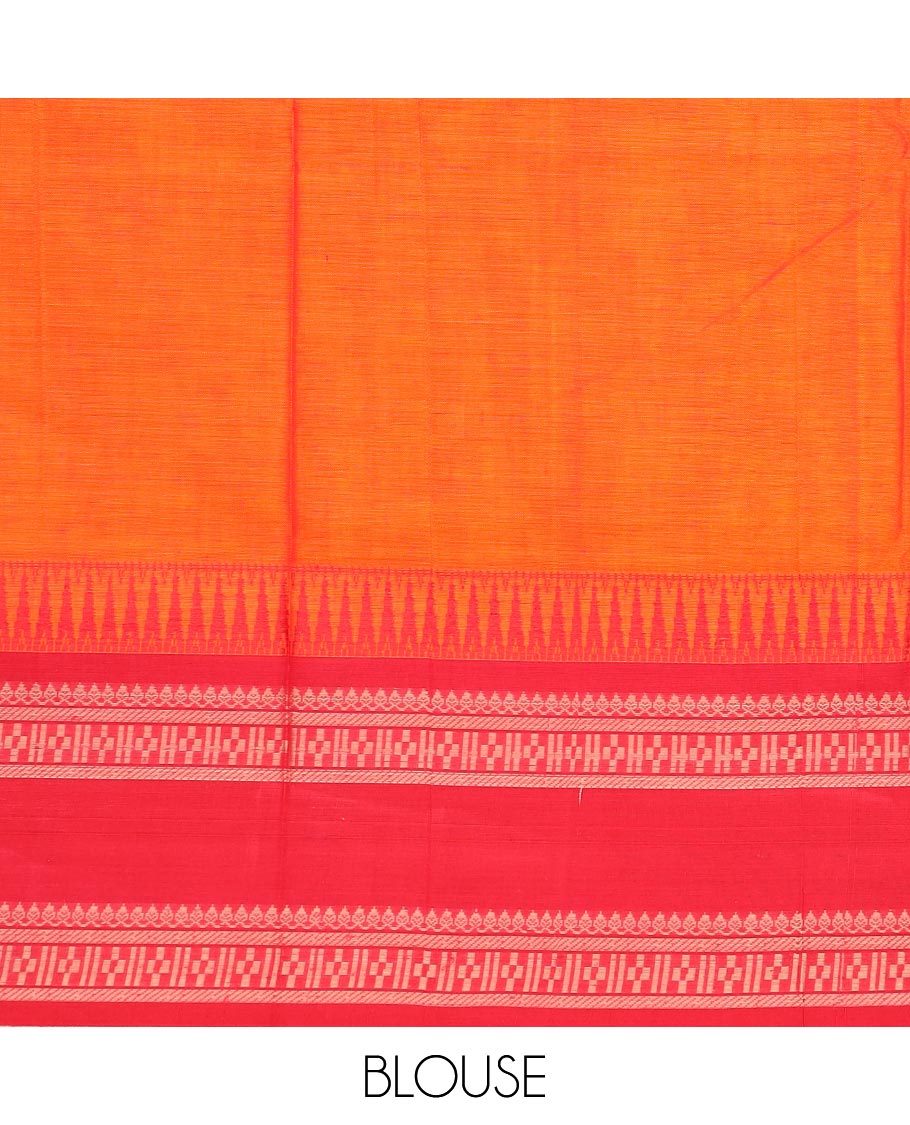 Orange plain Narayanapet cotton saree, contrast traditional thread rettai pettu temple border, and striped pallu