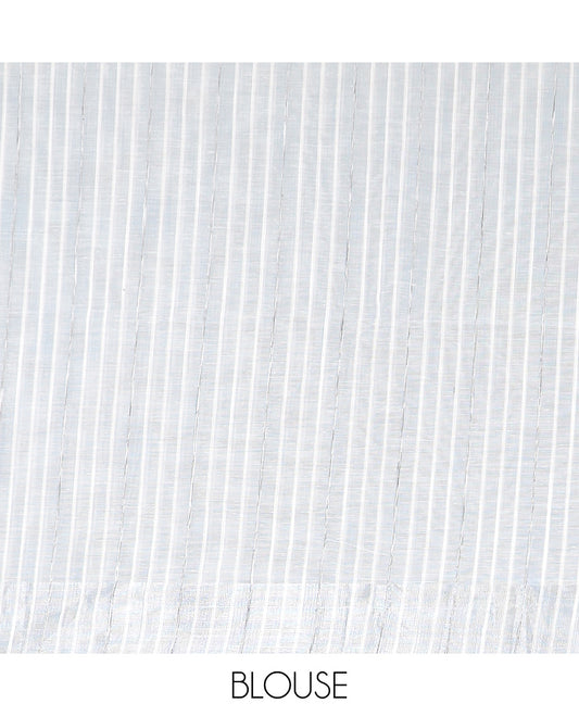 Pastel blue hand brushing style colorful floral printed jute cotton saree, zari with printed border, and striped pallu