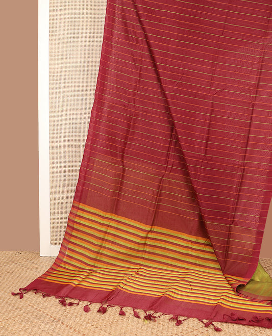 Borderless maroon striped Mangalagiri Cotton saree, striped pallu