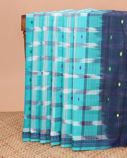Turquoise Blue buttas and checked Andhra cotton saree, paisley border, and contrast pallu of stripes and buttas