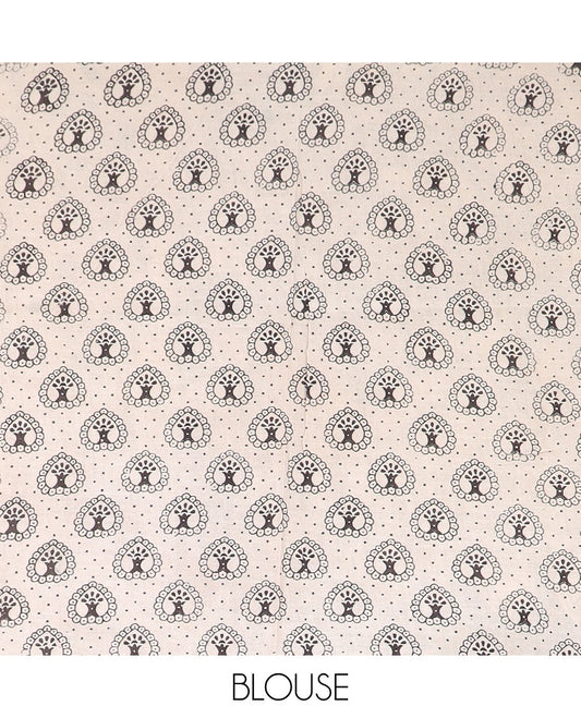 Green floral motifs machine-printed kalamkari cotton saree, contrast bird motifs printed border, and pallu of kalamkari peacock motifs