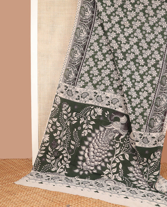 Green floral motifs machine-printed kalamkari cotton saree, contrast bird motifs printed border, and pallu of kalamkari peacock motifs