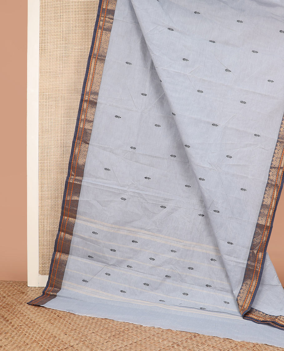 Light grey thread buttas Chettinad cotton saree, contrast traditional design border, and striped pallu