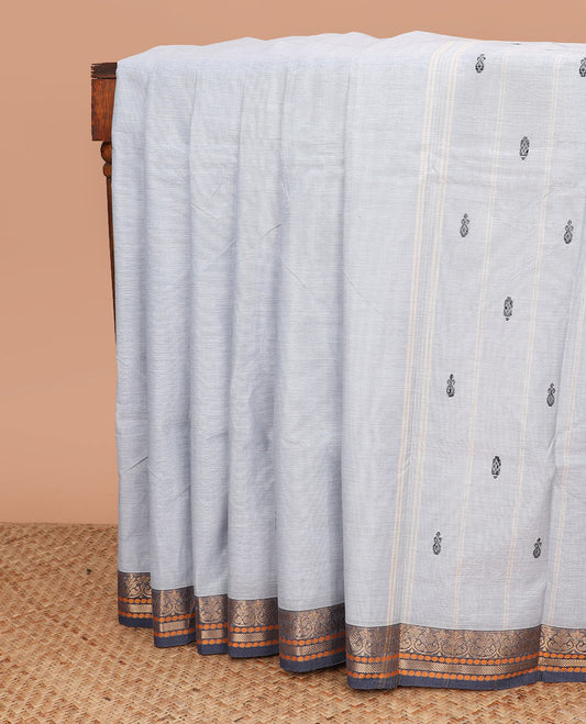 Light grey thread buttas Chettinad cotton saree, contrast traditional design border, and striped pallu