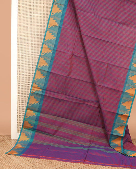 Purple medium-sized checked Chettinad cotton saree, contrast temple border, and striped pallu