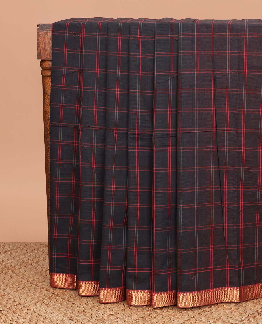 Black checked Mangalagiri cotton saree, contrast traditional zari border and zari striped pallu