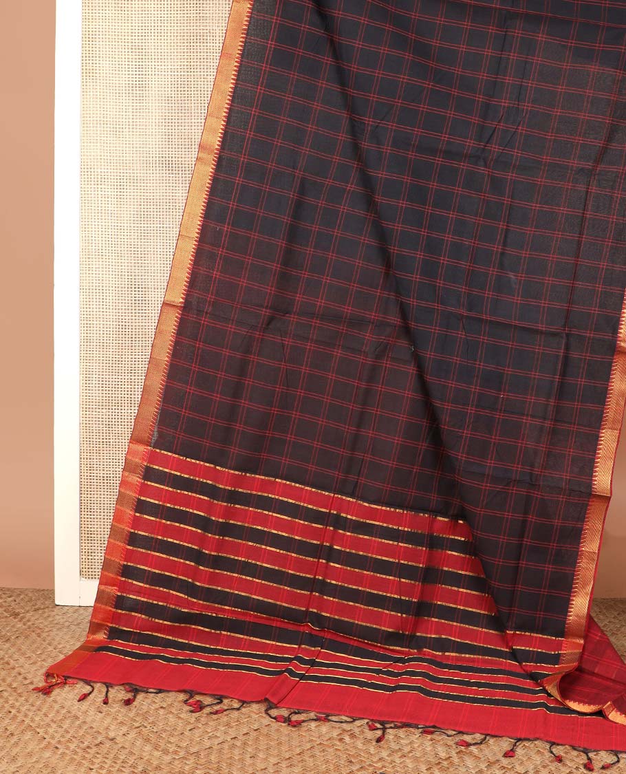 Black checked Mangalagiri cotton saree, contrast traditional zari border and zari striped pallu