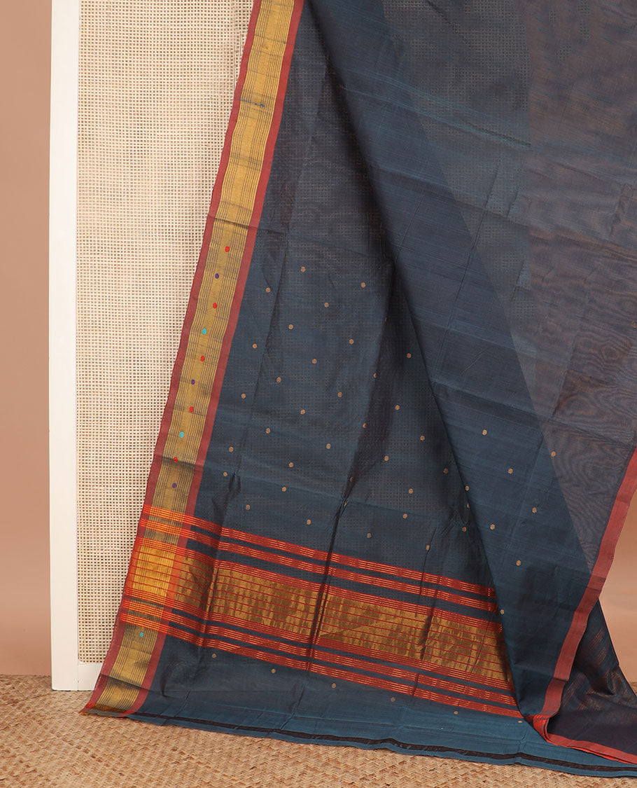 Blue zari buttas Venkatagiri cotton saree, contrast zari and thread work border, and zari striped pallu