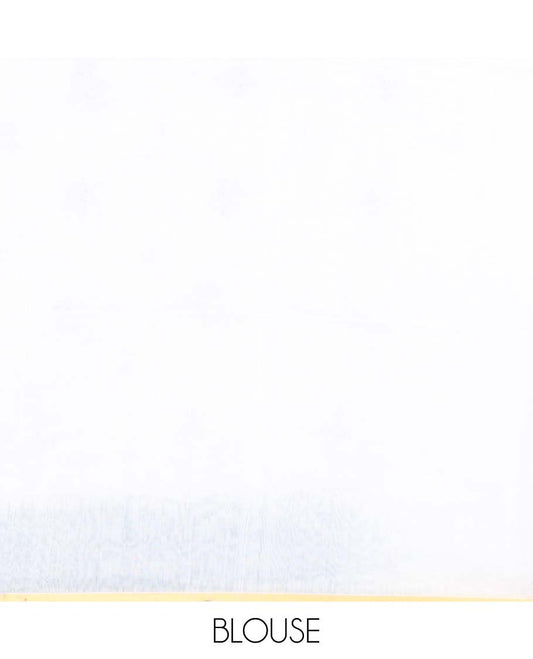 White and light rama blue motifs printed linen cotton saree, contrast temple geometric patterns printed border, and pallu of human doll and geometric print