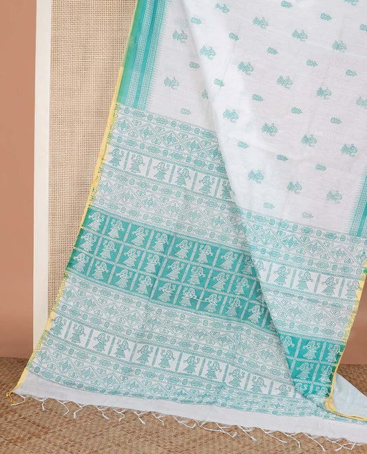 White and light rama blue motifs printed linen cotton saree, contrast temple geometric patterns printed border, and pallu of human doll and geometric print