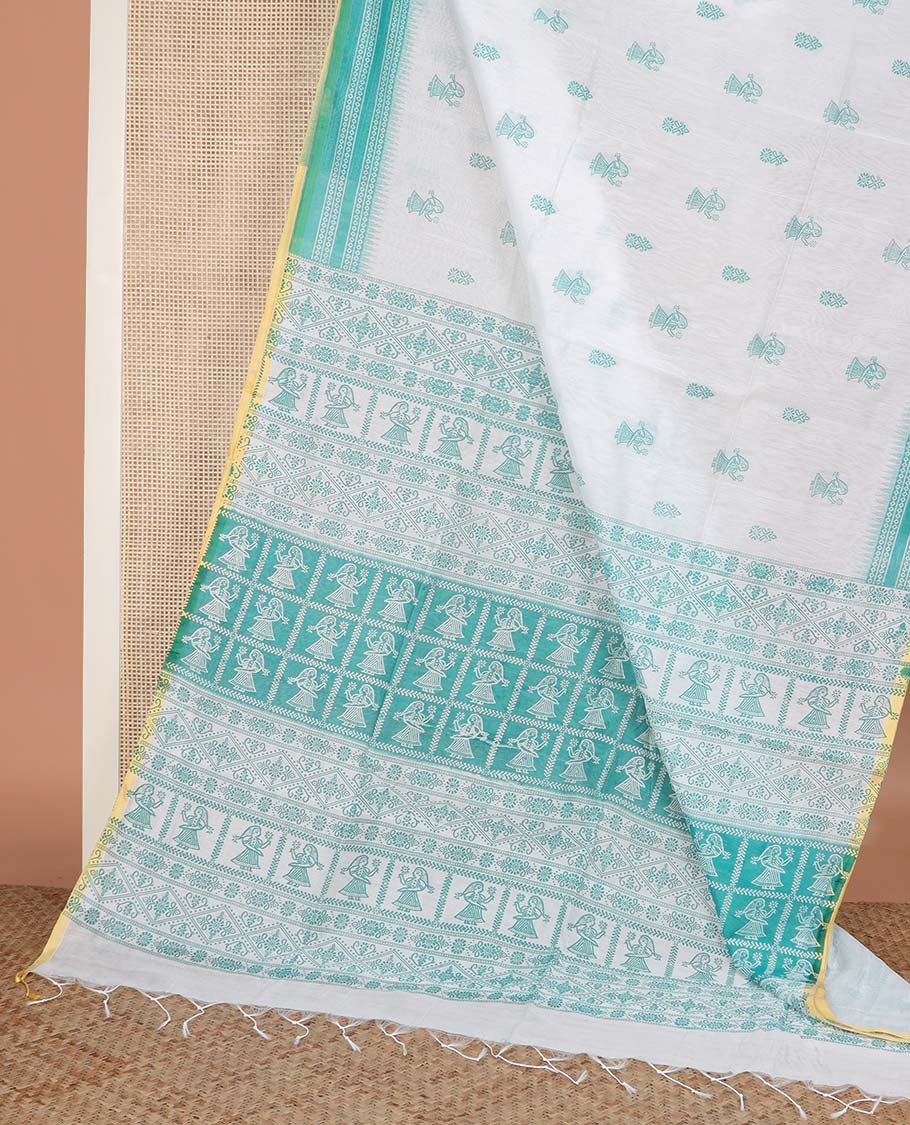 White and light rama blue motifs printed linen cotton saree, contrast temple geometric patterns printed border, and pallu of human doll and geometric print