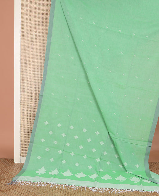 Pista green thread buttas Khadi cotton saree, contrast plain border, and pallu of geometric buttas