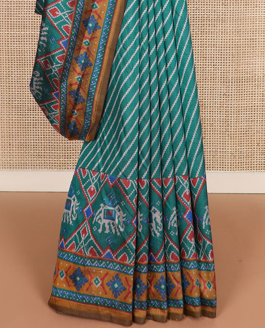 Green diagonal striped semi-banaras patola silk saree, contrast diamond and elephant motif border, and pallu of diamond design