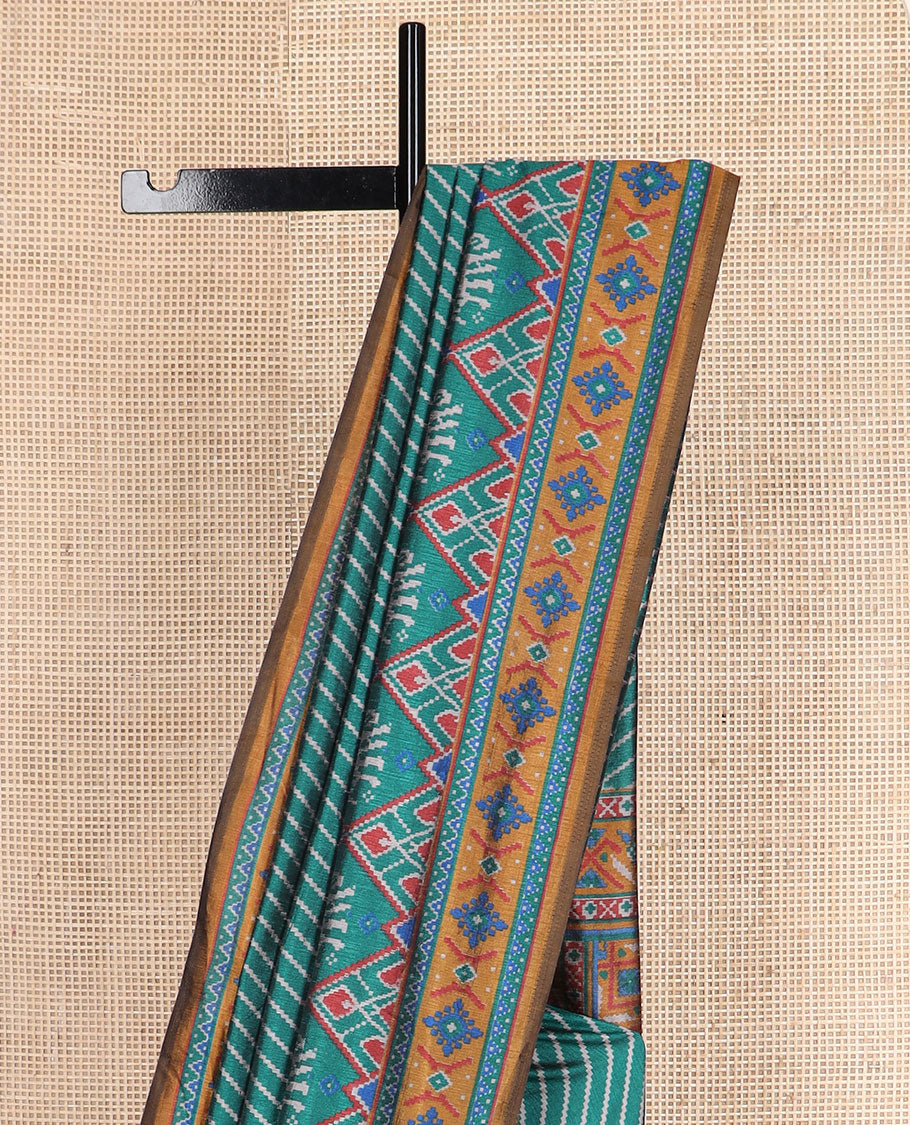 Green diagonal striped semi-banaras patola silk saree, contrast diamond and elephant motif border, and pallu of diamond design