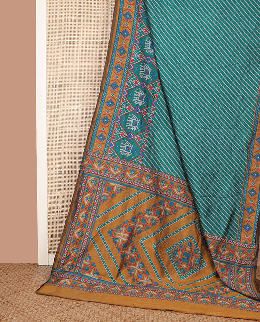 Green diagonal striped semi-banaras patola silk saree, contrast diamond and elephant motif border, and pallu of diamond design