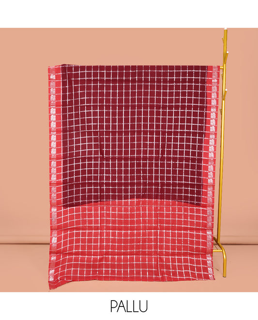 Red Sungudi Cotton Saree, Adorned with Zari Checks on Its Body, Complemented by a Contrast Peacock Motifs Woven Zari Border, Zari-Checked Pallu, and Paired with a Contrast Blouse