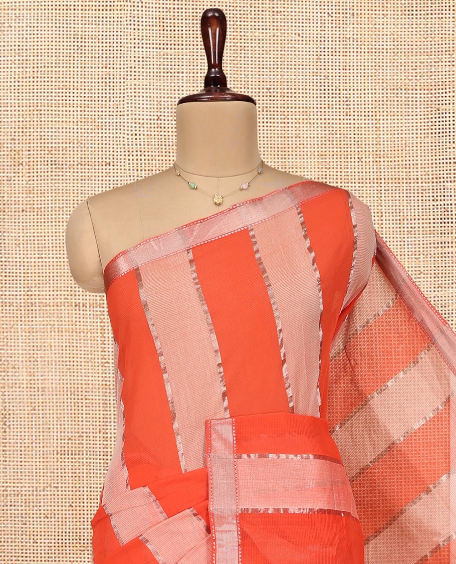 Orange-Peach Mangalgiri Cotton Saree, Gleamed Up with Stripes on Its Body, Highlighted by Zari Temple Border, Zari-Striped Pallu, and Paired with a Matching Blouse