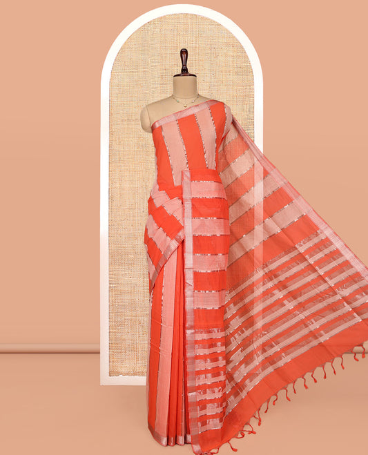Orange-Peach Mangalgiri Cotton Saree, Gleamed Up with Stripes on Its Body, Highlighted by Zari Temple Border, Zari-Striped Pallu, and Paired with a Matching Blouse