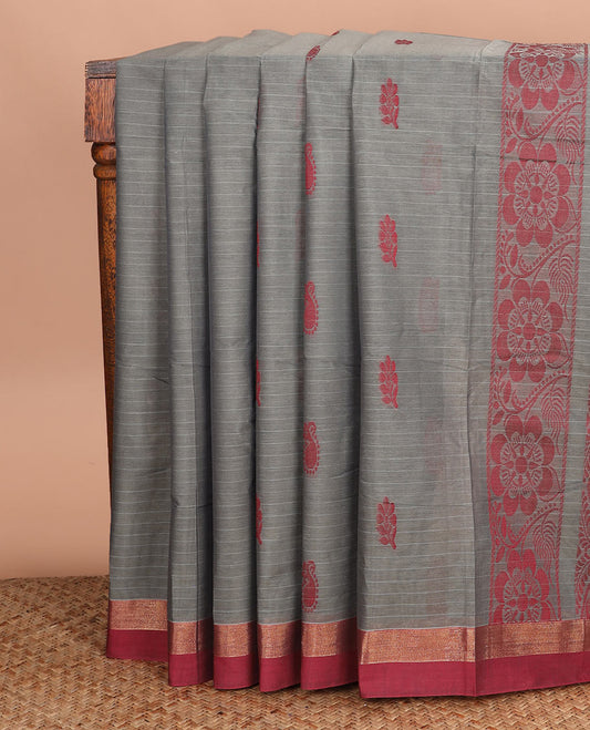 Grey stripes, and buttas Kanchi cotton saree, contrast plain border, and pallu of intricate design
