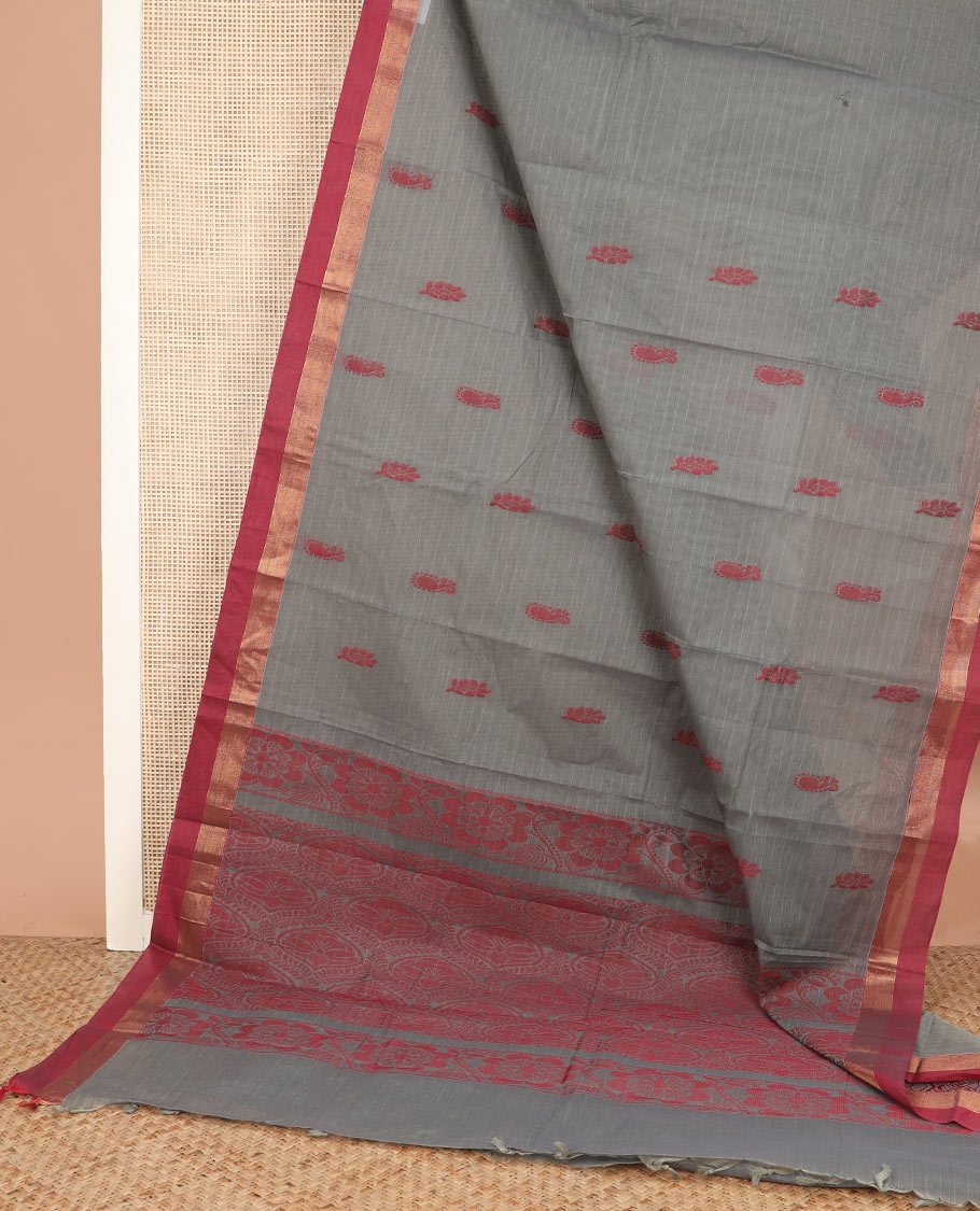 Grey stripes, and buttas Kanchi cotton saree, contrast plain border, and pallu of intricate design