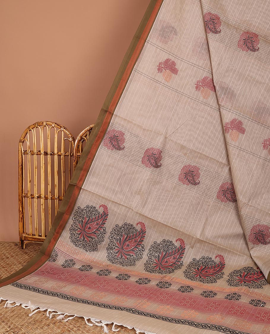 Peach-striped Coimbatore cotton saree with buttas, contrast plain border & paisley design pallu