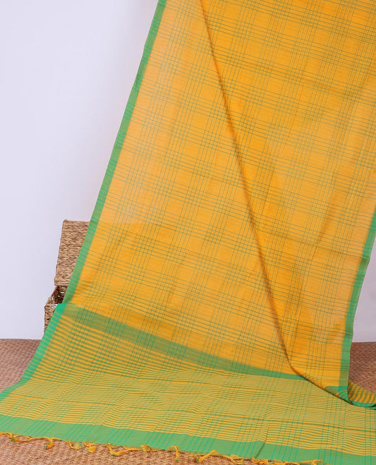 Yellow checked design khadi cotton saree with contrast striped border & checked design pallu