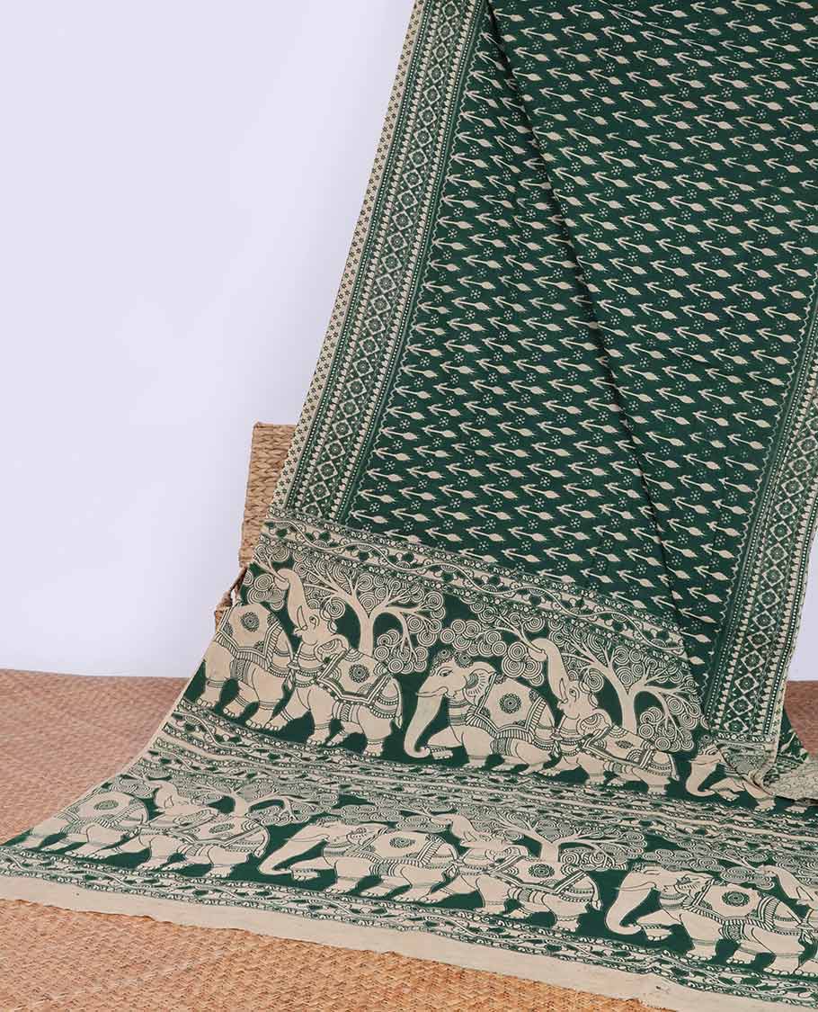 Green Geomentric design machine printed kalamkari cotton sare with contrast border & animal inspried deign pallu