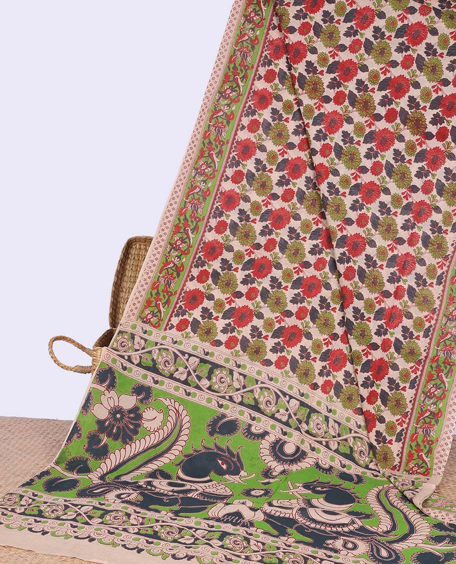 Cream floral motifs machine-printed kalamkari cotton saree with contrast- border & animal , floral motifs pallu
