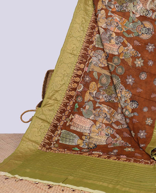 Brown  madhubani style human motifs chirala cotton saree contrast peacock border & striped pallu