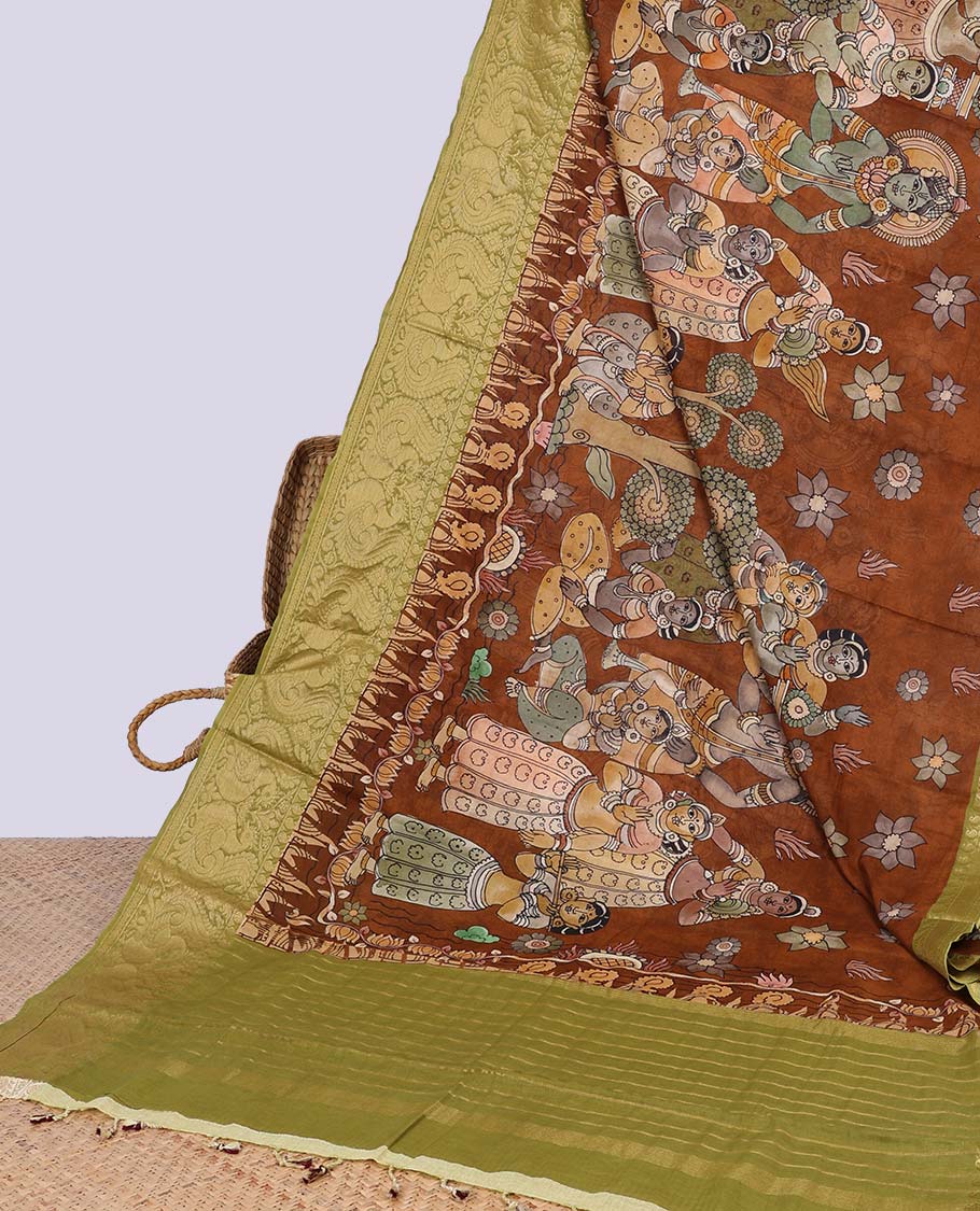 Brown  madhubani style human motifs chirala cotton saree contrast peacock border & striped pallu