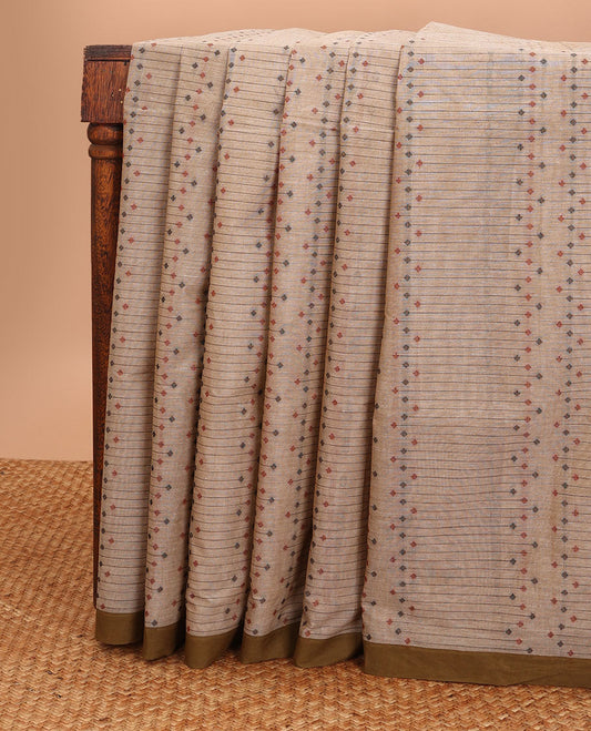 Light brown geometric design coimbatore cotton saree with contrast border & floral design pallu