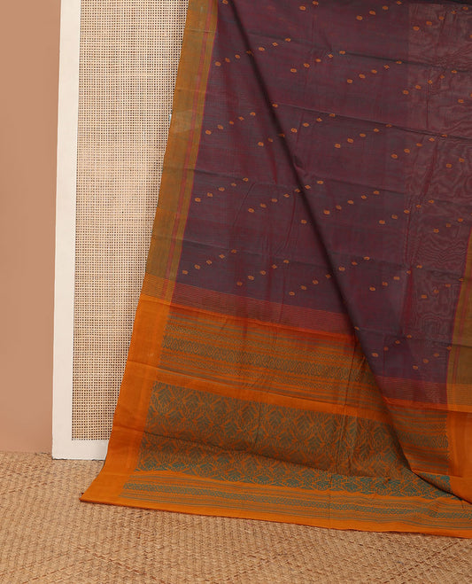 Wine kanchi cotton saree with buttas, contrast border & pallu of floral & jaal designs