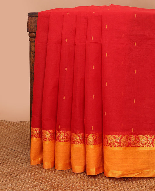 Red buttas Bengal cotton saree, contrast paisley creeper zari border & pallu of buttas & stripes
