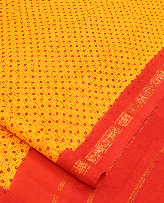 Yellow dotted stripes and buttas nine-yard cotton saree, contrast zari border, and pallu of zari stripes