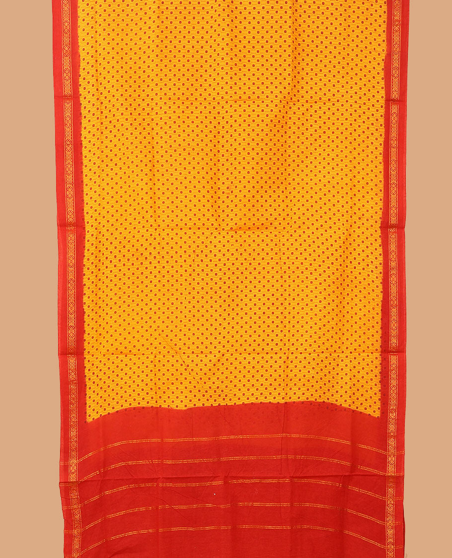 Yellow dotted stripes and buttas nine-yard cotton saree, contrast zari border, and pallu of zari stripes