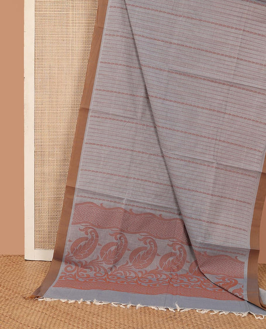 Grey dotted stripes Kanchi cotton saree, contrast plain border, and pallu of paisley designs