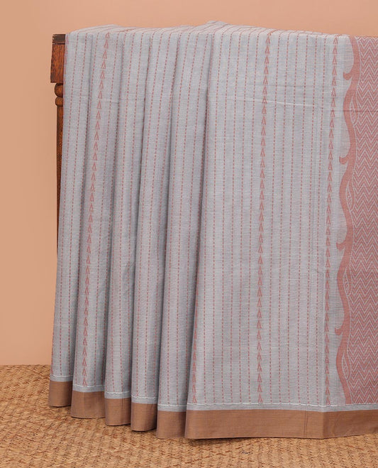 Grey dotted stripes Kanchi cotton saree, contrast plain border, and pallu of paisley designs