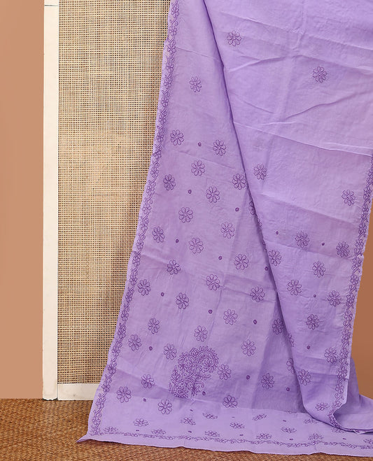 Lavender floral thread embroidered buttas Lucknowi chikankari saree, floral creeper thread embroidered border, and floral embroidered pallu