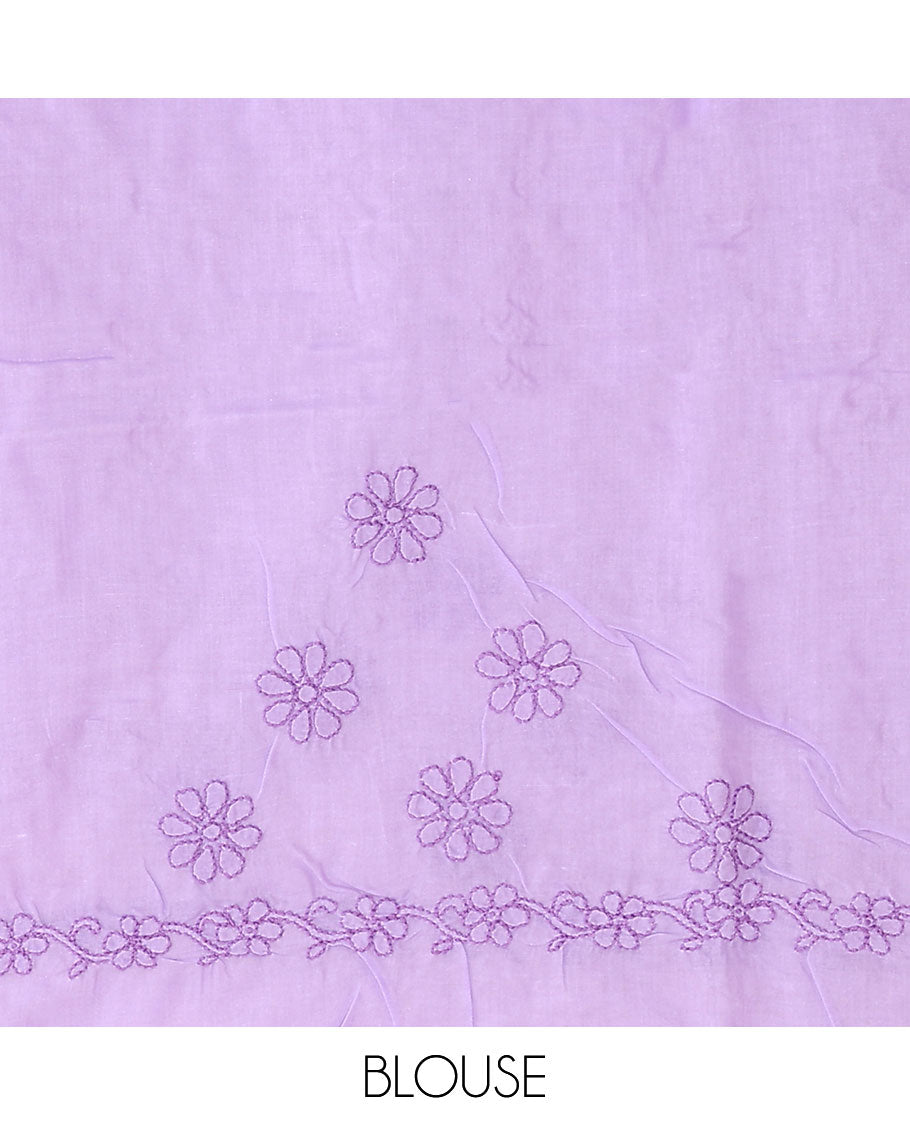 Lavender floral thread embroidered buttas Lucknowi chikankari saree, floral creeper thread embroidered border, and floral embroidered pallu