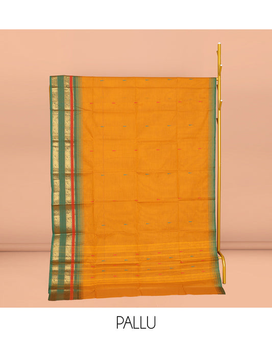 Yellow Chettinad Cotton Saree, Crafted with Thread Buttas All Over Its Body, Complemented by a Contrast Traditional Zari Design Rettai Pettu Border, Pallu of Stripes and Buttas, and Paired with a Matching Blouse