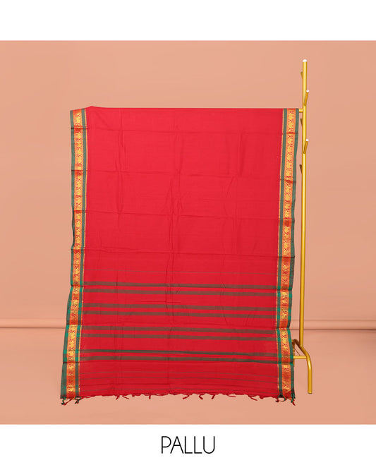 Red Plain Narayanpet Cotton Saree, Complemented by a Contrast Traditional Design Border, Striped Pallu, and Comes Without a Blouse