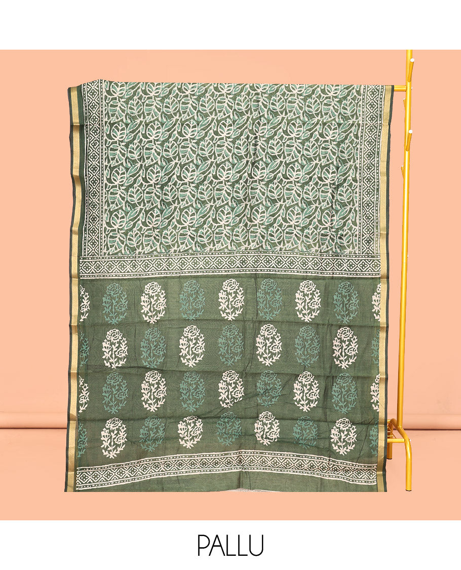 Green Mul Mul Cotton Saree, Embellished with Leaf Vine Print, a Piping Border, Floral Motifs Printed Pallu, and a Contrast Blouse