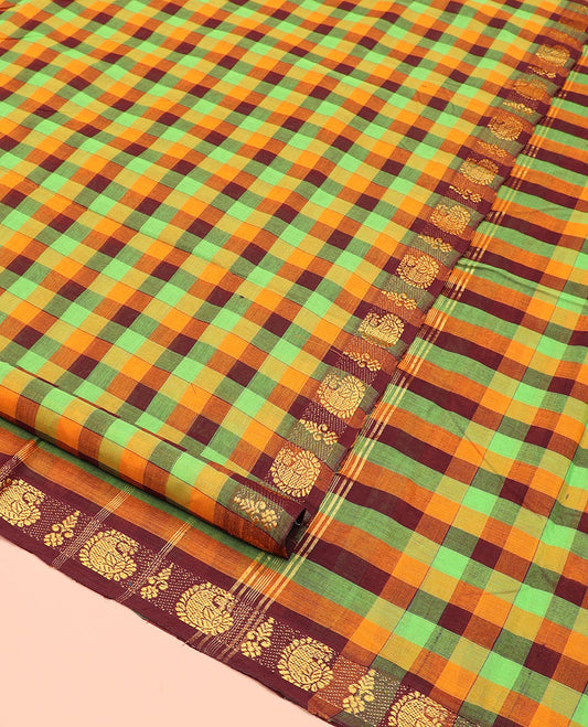 Multi-Color Palum Pazhamum Checked Nine-Yard Cotton Saree, Highlighted by a Paisley Design Border, Subtle Pallu of Stripes, and Comes Without a Blouse