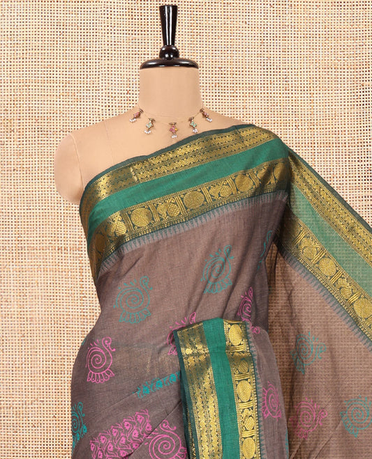 Grey-Green Andhra Cotton Saree, Decorated with Motifs Print, a Contrast Rettai Pettu Traditional Border, Pallu of Stripes, and Contrast Blouse